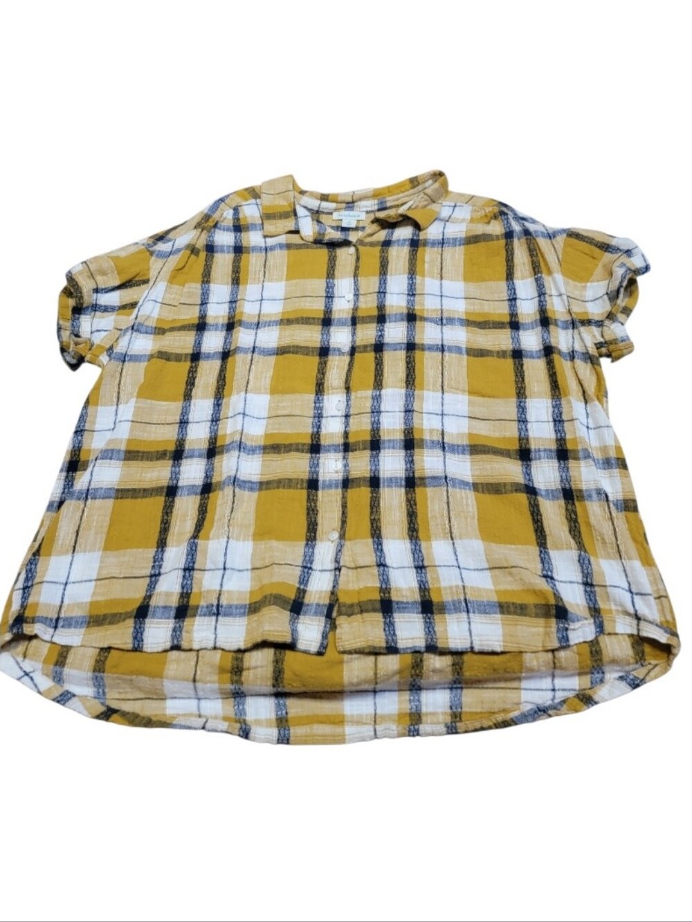 Sundance Women's Mustard Yellow Plaid Button Front Gauzy Cotton Blouse